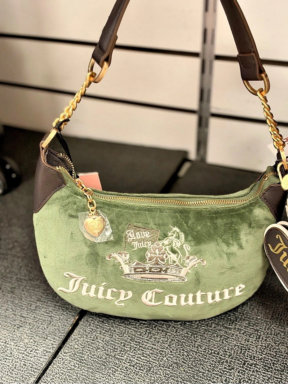 Juicy Couture Green & Brown Velour Shoulder Bag